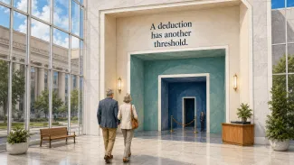 A retired couple approaches progressively narrower architectural thresholds beneath the words “A deduction has another threshold.”