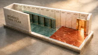 A twelve-part architectural year shows work ending midyear while a warm-lit contribution doorway remains open.