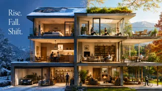 A cutaway home transitions from winter to warmer seasons as retirement activities and household expenses change.