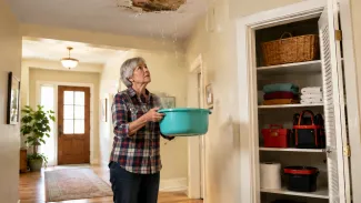 An older homeowner calmly positions a basin beneath an unexpected ceiling leak.