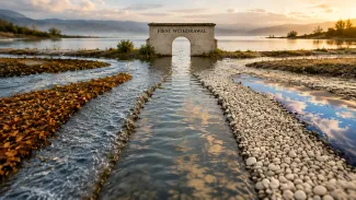 Four distinct tributaries converge and pass through a stone opening marked “FIRST WITHDRAWAL.”
