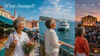 A biracial retired woman moves from a coastal market to the waterfront and an evening concert beneath the words “What changed?”