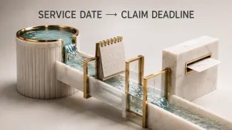 Water passes through calendar gates toward a claim slot beneath the words “Service Date → Claim Deadline.”