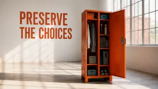 An open orange workplace locker holds organized belongings beneath the words “Preserve the Choices.”