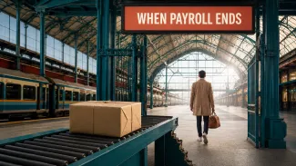A package remains on an interrupted conveyor as a traveler walks into a train terminal beneath the words “When Payroll Ends.”