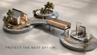 An architectural model shows a modular bridge connecting temporary living arrangements with the intended retirement home.