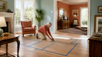 A woman nearing retirement uses painter’s tape to measure furniture footprints in her partially emptied home.
