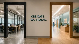 Two doorways connect an employer workplace and a healthcare setting beneath the words “One Date. Two Tracks.”