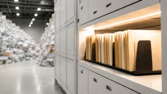 A small illuminated row of retained folders stands in sharp focus while a large volume of expired records recedes into the background.