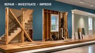 A gallery installation contrasts a braced stairway, an exposed moisture-damaged wall, and a finished room awaiting optional improvements.