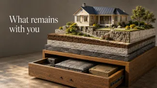 A retirement home rests on layered terrain above an open reserve drawer beneath the words “What remains with you.”
