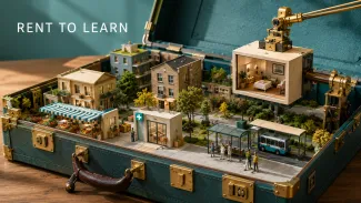 A miniature community inside an open travel trunk illustrates renting temporarily to learn how a retirement location works before buying.