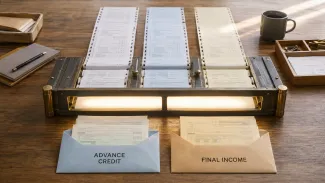 Three streams of retirement-year records pass through an illuminated comparison device and emerge in envelopes labeled Advance Credit and Final Income.