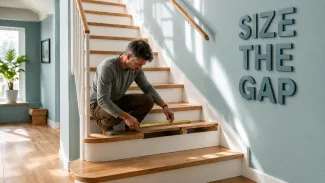 A craftsperson measures one missing stair tread beneath the words “Size the Gap.”