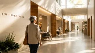 An older woman walks through a sunlit health center beneath the words “Start • Review • Adjust.”