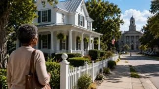 A Black woman considers a prospective home with the local civic building visible farther down the street.