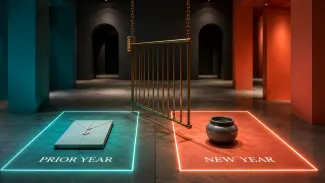 A brass gate separates illuminated prior-year and new-year zones, keeping an unresolved tax settlement apart from current-year funds.