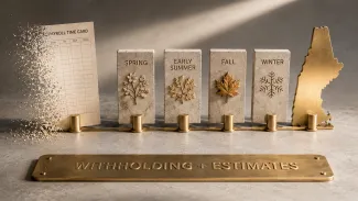 A dissolving payroll timecard leads through four seasonal payment markers toward a state-shaped destination.