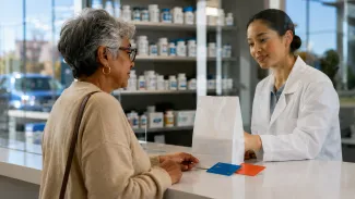 An older woman coordinates a prescription pickup with a pharmacist while two coverage cards rest on the counter.