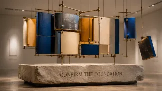 Adjustable blue, gold, and cream panels hang above a stone foundation engraved “Confirm the Foundation.”