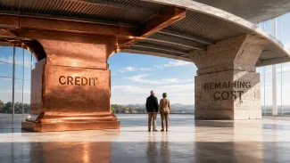 A copper support labeled “CREDIT” and a stone support labeled “REMAINING COST” hold a broad roof above a retired couple.