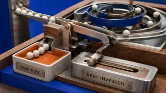 A kinetic sculpture routes white spheres toward either “Cash Now” or “Keep Invested.”
