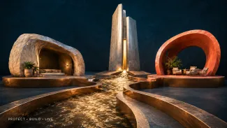 A luminous cash-flow channel branches toward sculptural spaces representing protection, future growth, and intentional living.