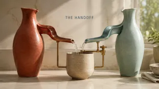 Terracotta and blue ceramic channels pour into one central vessel as a brass valve adjusts the combined flow.