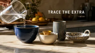 Water pours from a measuring pitcher into a large blue cup beside several smaller vessels under the words “Trace the Extra.”