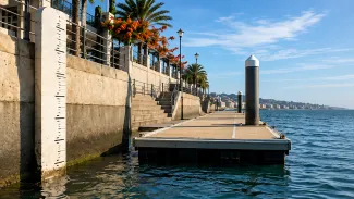 A floating dock remains level beside a tidal gauge as the surrounding water changes.