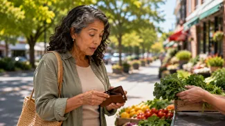 A Latina retiree checks her wallet while purchasing produce at a neighborhood farmers market.