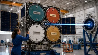 An aerospace engineer aligns four satellite modules labeled Record, Rule, Scenario, and Status before a guidance beam reaches its target.