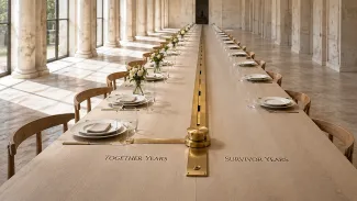 A long dining table transitions from paired place settings to a longer sequence of single settings after a brass threshold.