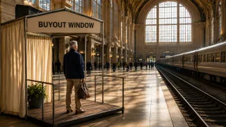 An older man stands at a temporary buyout window beside a train and railway continuing through a sunlit terminal.