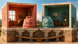 Two adjacent rooms hold weights marked NOW and LATER above a shared foundation, illustrating how tax timing affects multiple years.