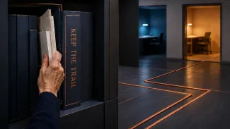 An older adult preserves claim documents in a secure archive while copper lines continue toward two separate processing rooms.