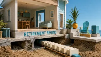 A coastal home crosses a retirement threshold while a series of payment markers continues beneath its foundation.