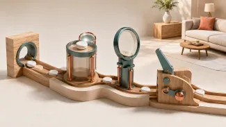 A sculptural mechanism moves household resources through observation and adjustment stages toward everyday retirement life.