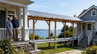 An older Black woman and her White husband stand beside a covered walkway connecting their coastal home to a separate smaller house.