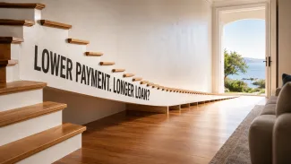 A staircase becomes lower but stretches through an open doorway beneath the words “Lower Payment. Longer Loan?”