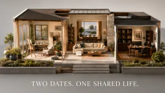 An architectural cutaway shows creative retirement space and a working office connected by one shared living room.