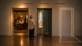A retired woman considers three thresholds representing a family commitment, a conditional possibility, and an unspoken assumption.
