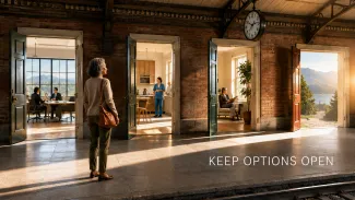 A woman considers several open doorways representing work, caregiving support, personal time, and retirement.