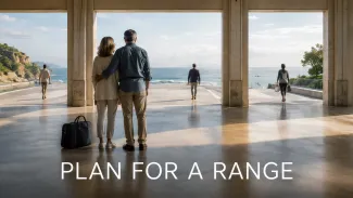 A couple stands together with a work bag before three coastal openings representing a flexible retirement-date range.