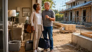 A biracial couple nearing retirement stands with luggage between temporary housing and their new home under construction.