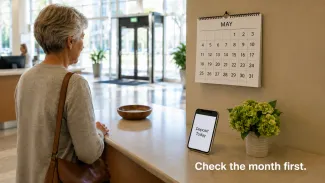 A widowed woman pauses beside a calendar and a bank deposit notification reading “Check the month first.”