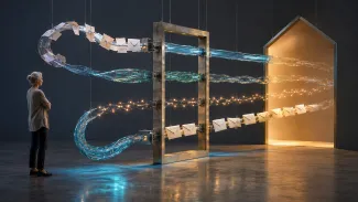 A widowed woman observes household payment streams passing through a switching frame toward an illuminated home.
