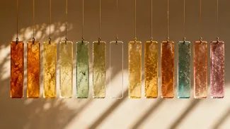 A suspended sequence of colorful translucent year markers contains one conspicuous empty position.