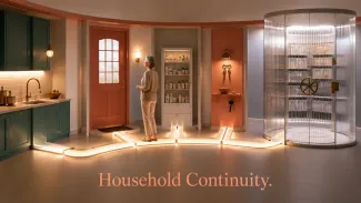 A widowed woman stands inside a home where illuminated pathways keep essential household functions connected while estate records remain secured separately.