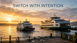 Two ferries of different sizes cross a harbor at sunrise beneath the words “Switch With Intention.”